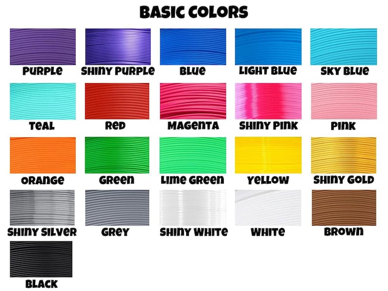 May include: A color chart displaying various basic colors, including purple, blue, red, green, and yellow. Each color is labeled with its name, such as "Shiny Purple," "Sky Blue," and "Shiny Gold." The text "BASIC COLORS" is at the top.