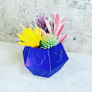 May include: A blue geometric planter with Mickey Mouse ears, filled with a variety of artificial succulents in shades of yellow, green, pink, and purple.