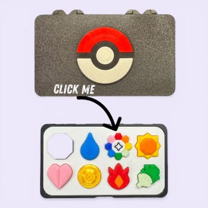 Pode incluir: Uma caixa cinza com um design circular vermelho, branco e preto e o texto "CLICK ME". Abaixo, são exibidas várias formas e símbolos geométricos coloridos, incluindo um coração, uma gota d'água e uma flor.