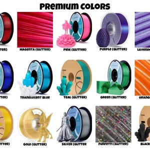 May include: An assortment of 3D printing filament spools in various colors, including red, magenta, pink, purple, lavender, blue, teal, green, orange, yellow, gold, silver, funfetti, and black. Each spool is labeled with its color and glitter finish.