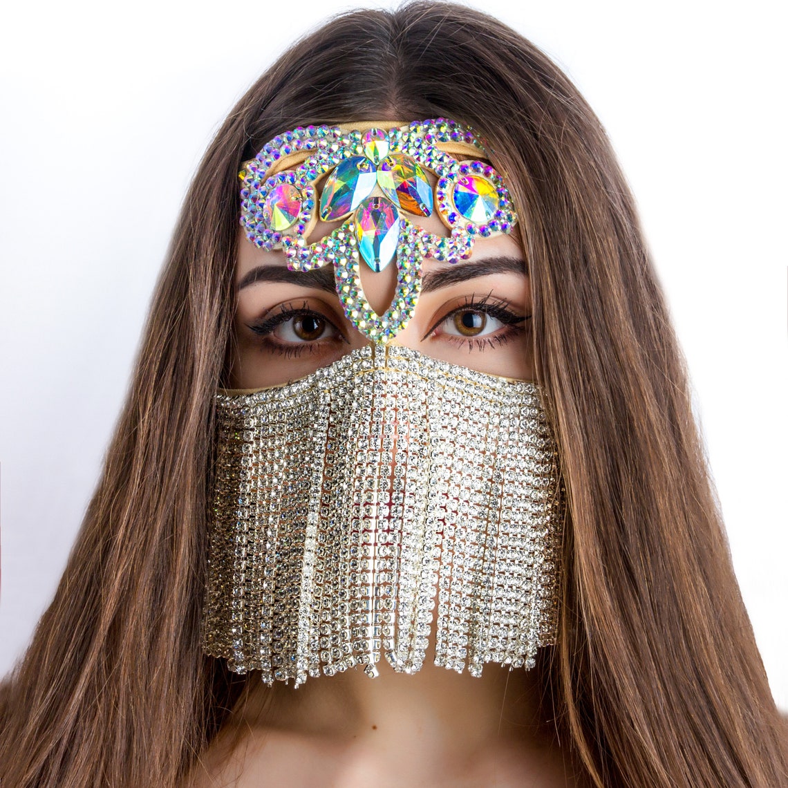 Belly dance face mask silver crystal ab color cover party Etsy