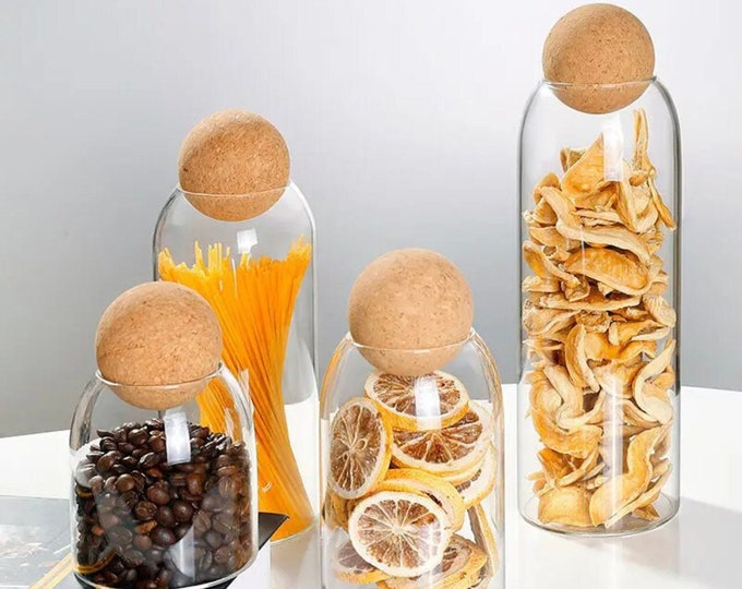 Handcrafted Glass Food Storage Set with Cork Ball Lid Airtight Sealed - Kitchen Organizer and Dispenser