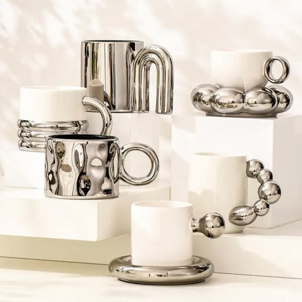 Stylish Silver Ceramic Nordic Coffee Mug with Saucer