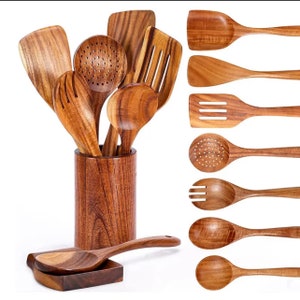 Premium Teak Wood Kitchen Utensil Set: 7/9/10/11/13 Pieces 7piece, Holder, Rest