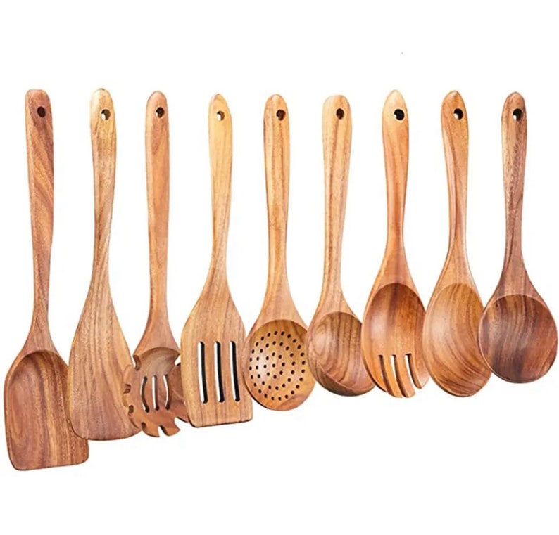 Premium Teak Wood Kitchen Utensil Set: 7/9/10/11/13 Pieces 9-piece set