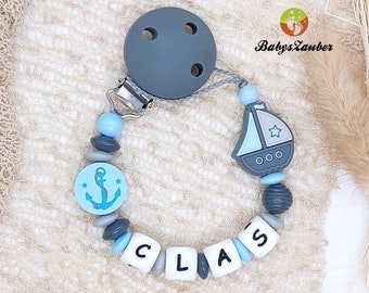 Pacifier chain with name, silicone clip, boat, silicone letters, wooden anchor, boat, ship, dark blue, maritime, mint, baby magic