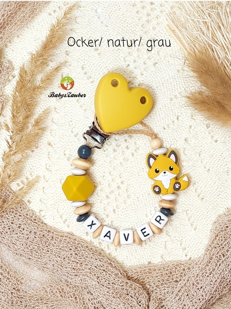 Schnullerkette mit Namen, Junge, Mädchen, Fuchs, Waldtiere, Silikon Herz Clip, Silikon Motivperle, Holz Perlen, personalisierbar Bild 3