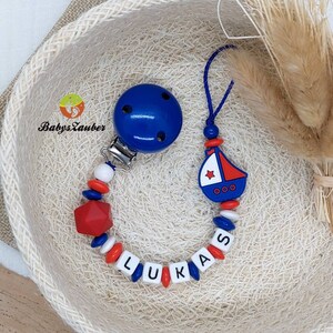 Pacifier chain with name boy, girl, ship boat, wooden clip, silicone bead, maritime, boat, dark blue, light blue, red, baby magic image 5