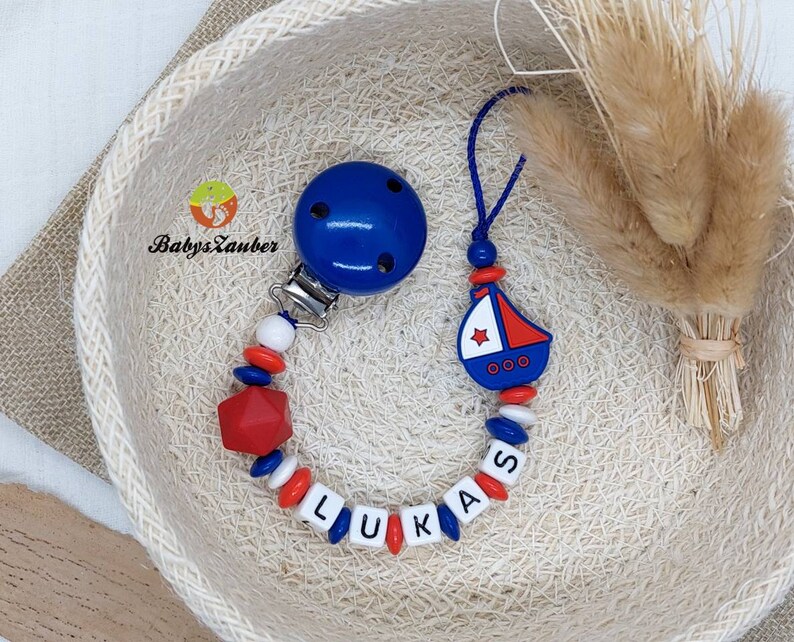 Pacifier chain with name boy, girl, ship boat, wooden clip, silicone bead, maritime, boat, dark blue, light blue, red, baby magic image 5