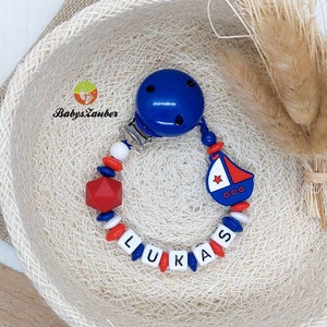 Pacifier chain with name boy, girl, ship boat, wooden clip, silicone bead, maritime, boat, dark blue, light blue, red, baby magic image 6