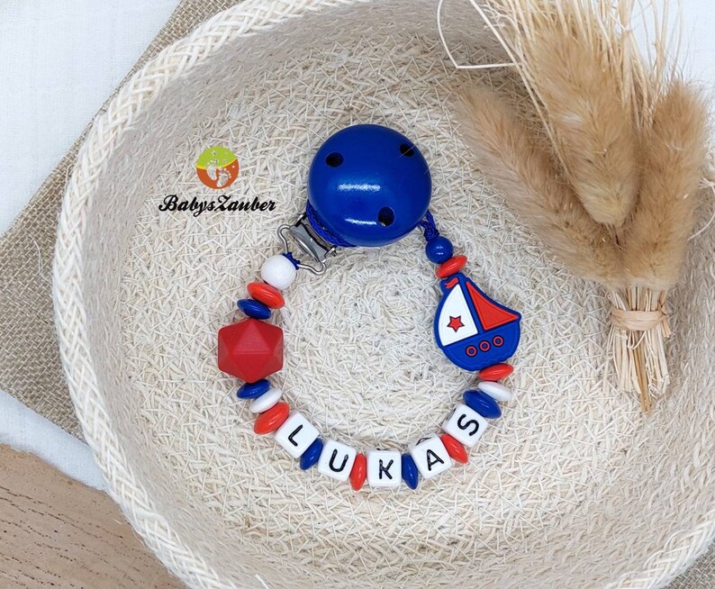 Pacifier chain with name boy, girl, ship boat, wooden clip, silicone bead, maritime, boat, dark blue, light blue, red, baby magic image 6