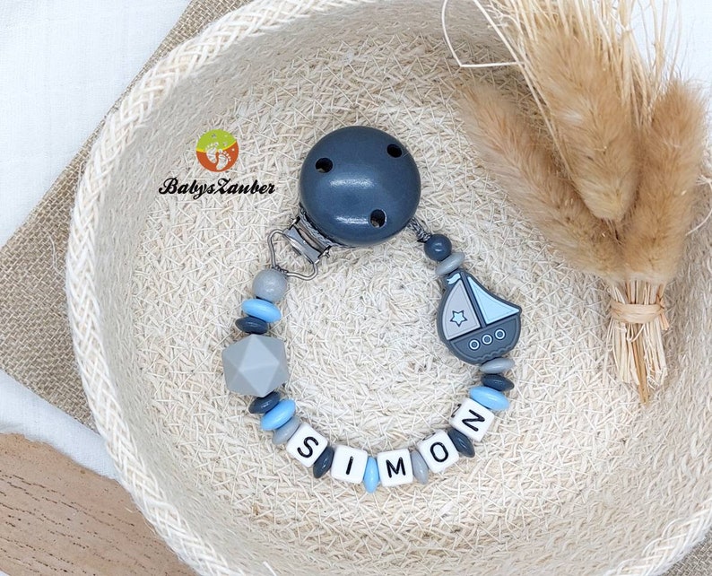 Pacifier chain with name boy, girl, ship boat, wooden clip, silicone bead, maritime, boat, dark blue, light blue, red, baby magic image 3