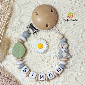 Schnullerkette mit Namen, Junge, Mädchen, Klopfer, Kaninchen, Hase, Bambi, Holz Clip, Silikon Blatt oder Blüte, türkis, dunkelgrau, mint