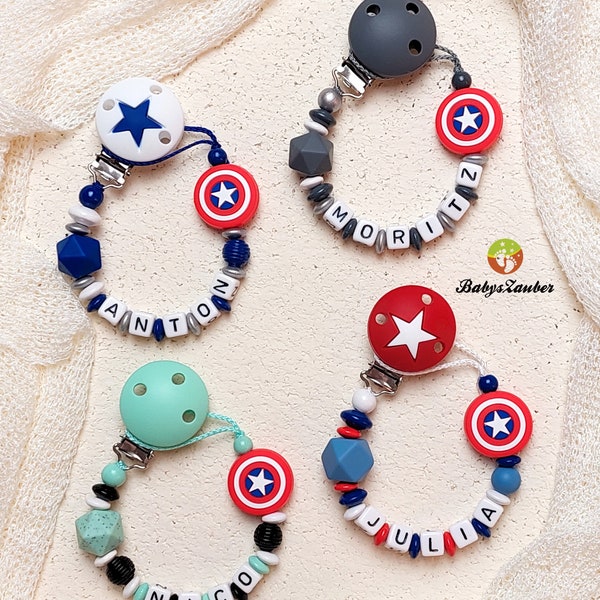 Schnullerkette mit Namen, Captain America, Junge, Mädchen, Avengers, mint, Silber, grau, rot, blau, Silikon Clip, Holz Perlen, Comic