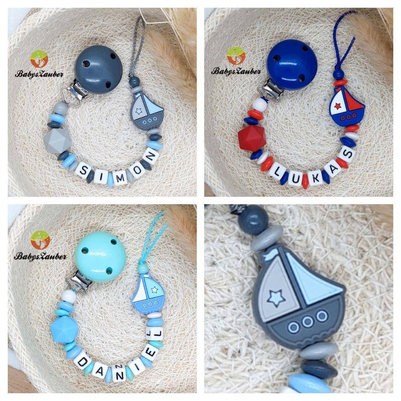 Pacifier chain with name boy, girl, ship boat, wooden clip, silicone bead, maritime, boat, dark blue, light blue, red, baby magic image 2