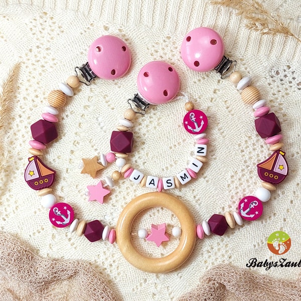 Kinderwagenkette und Schnullerkette, Mädchen, Junge, Schiffchen, Anker, Schiff, Boot, weinrot, rosa, Natur, Holz Clip, Silikon Motivperle