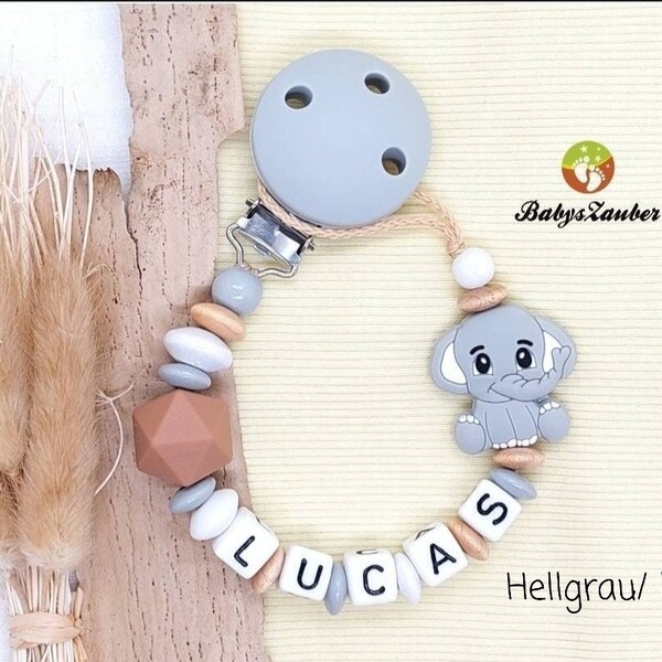 Schnullerkette mit Namen Elefant, Junge, Mädchen, braun, beige, grau, dunkelblau, hellblau, Natur, Silikon Clip, Holz Perlen, Babyszauber