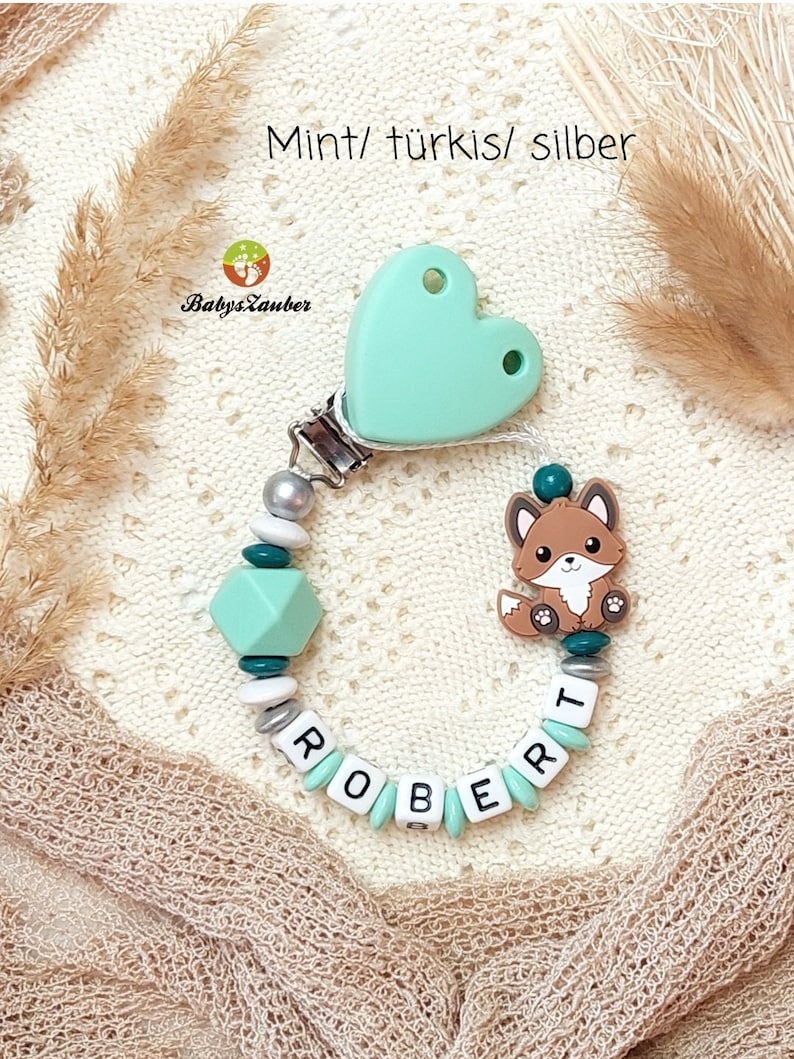 Schnullerkette mit Namen, Junge, Mädchen, Fuchs, Waldtiere, Silikon Herz Clip, Silikon Motivperle, Holz Perlen, personalisierbar Bild 4