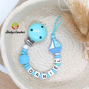 Pacifier chain with name boy, girl, ship boat, wooden clip, silicone bead, maritime, boat, dark blue, light blue, red, baby magic image 4