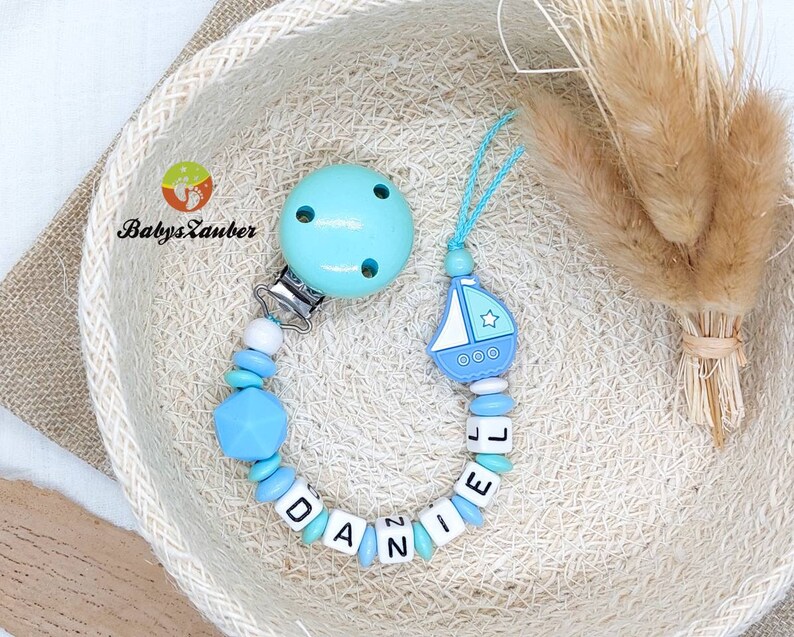 Pacifier chain with name boy, girl, ship boat, wooden clip, silicone bead, maritime, boat, dark blue, light blue, red, baby magic image 4