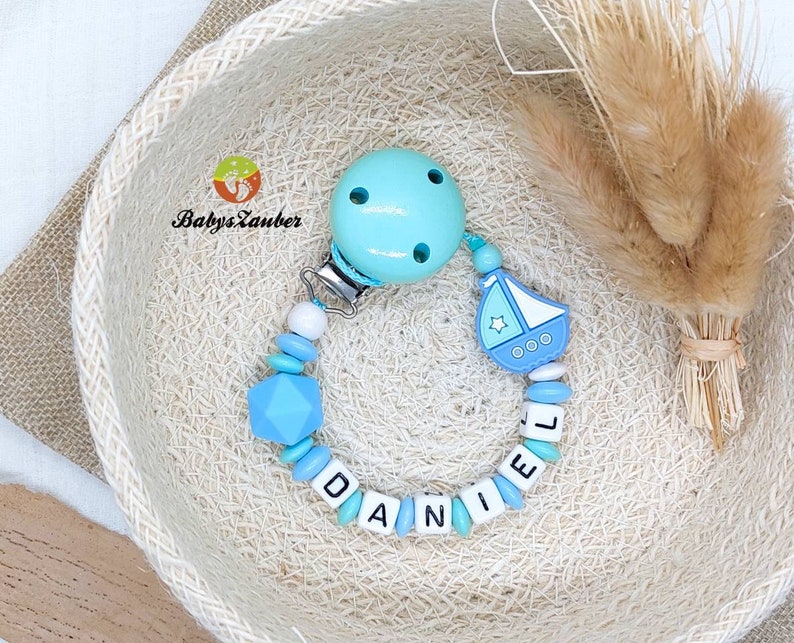 Pacifier chain with name boy, girl, ship boat, wooden clip, silicone bead, maritime, boat, dark blue, light blue, red, baby magic image 7