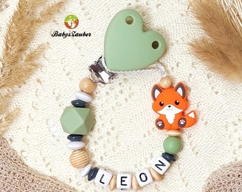 Schnullerkette mit Namen, Junge, Mädchen, Fuchs, Waldtiere, Silikon Herz Clip, Silikon Motivperle, Holz Perlen, personalisierbar