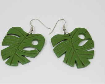 Handmade Polymer Clay Monstera Leaf Earrings