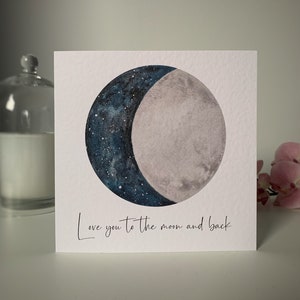 Love you to the moon and back watercolour card, Valentines or anniversary card for him or her