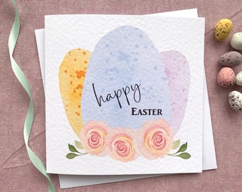 Happy Easter card, Easter egg and flowers watercolour card, modern easter card, send direct card