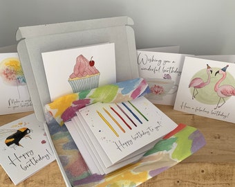 Pack of 10 luxury birthday cards, original watercolour paintings, card variety pack, blank inside