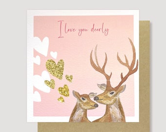 I love you deerly watercolour card, Valentines or anniversary card for him or her