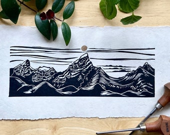 The Pinnacle | Original Block Print | Panoramic Landscape | Alaskan Ski Print | Hatcher Pass