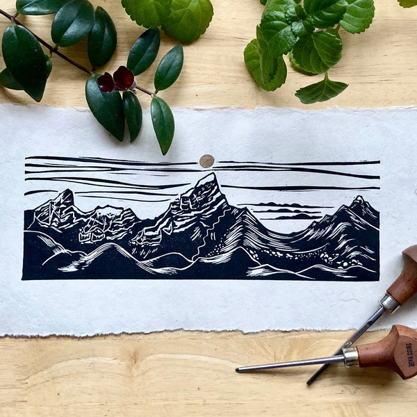 The Pinnacle | Original Block Print | Panoramic Landscape | Alaskan Ski Print | Hatcher Pass