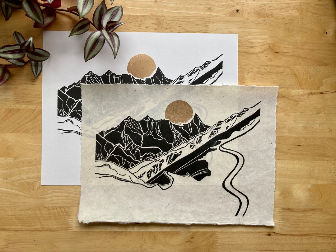 Harp Original Linocut Print Alaskan Mountains Winter Ski Print - Etsy