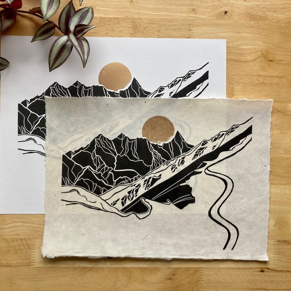 Harp | Original Linocut Print | Alaskan Mountains | Winter Ski Print