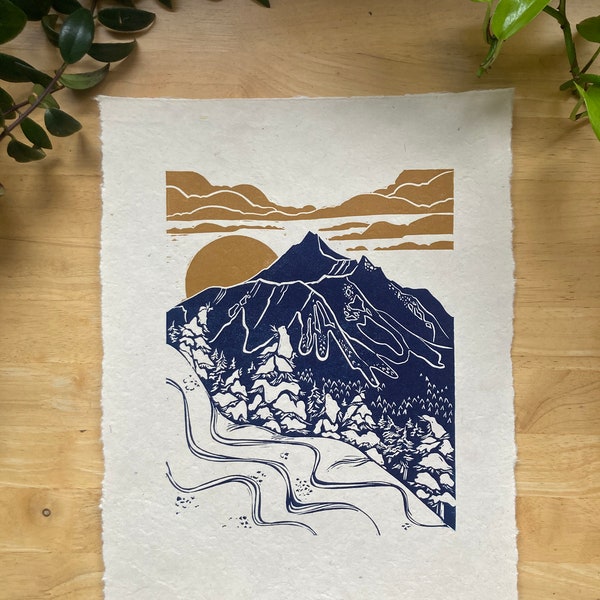 Raggedtop | Original Linocut Print | Alaskan Landscape Print | Ski print | 11x14 | Winter Print