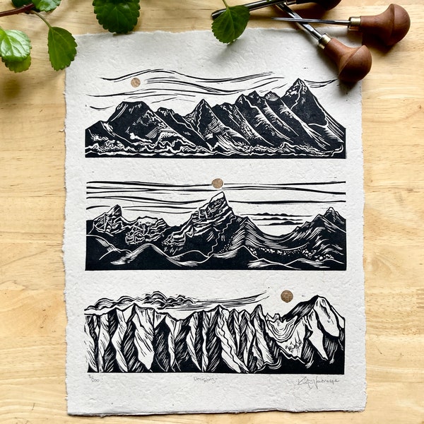 Decisions | Original Linocut Print | Alaska Ski Print | Mountain Art