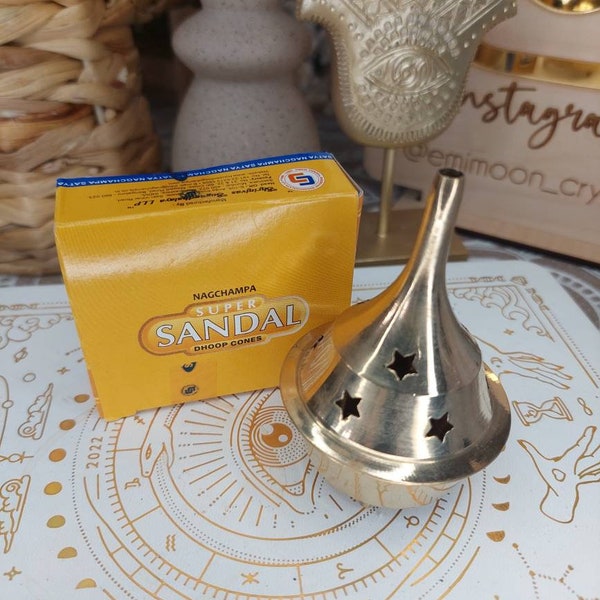 Incense Brass Burner With Pack Of Incense Cones - 12 Dhoop Incense Cones - Gold Brass Holder - Ethically Sourced - Local UK - Smoke Cleanse