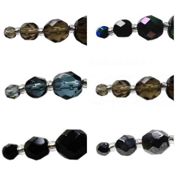 Glasschliffperlen rund in Grau/Schwarz, Facettperlen in verschiedenen Farbtönen und Größen zur Schmuckherstellung