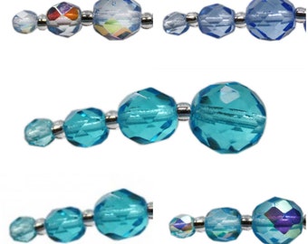 Glasschliffperlen rund in Blau, Facettperlen in verschiedenen Farbtönen und Größen zur Schmuckherstellung