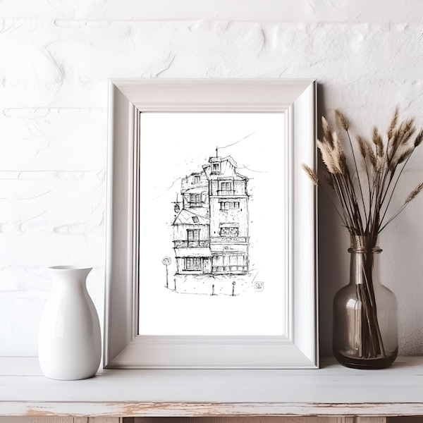 French Style House Sketch Digital Download Art Print Travel Poster Handmade Ink Drawing Illustration Landmark Black and White