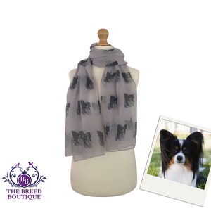 Papillon Scarf Ladies Dog Print Papillon Shawl Wrap Grey Papillon Gift
