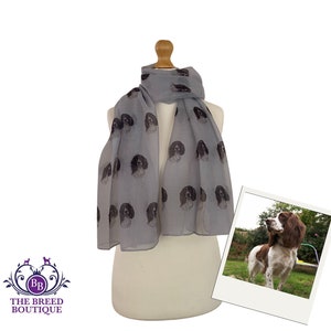 Springer Spaniel Scarf Ladies Liver & White Springer Spaniel dog Print Shawl Wrap Grey Background