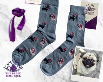 Pug Fun Christmas Socks Unisex One Size Fit UK 5 - 11, EU 38 - 46, US 7.5 - 12 Step out in Festive Style