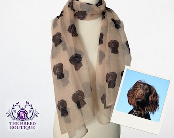 Working Cocker Spaniel Dog Print Ladies Scarf Available in Cream and Grey Brown Chocolate Cocker Spaniel