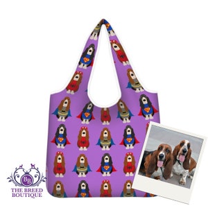 Basset Hound Superhero Shopping Bag Foldable Washable & Reusable Double Sided Tote Bag Fun Basset  Bag