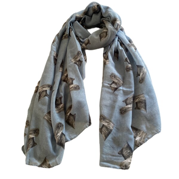 Yorkshire Terrier Dog Print Ladies Scarf available in blue & taupe