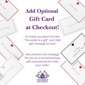 The image is a promotional graphic for a gift card service, featuring a collage of gift cards with handwritten messages. The text encourages customers to add an additional gift message to their order, and provides instructions on how to do so.