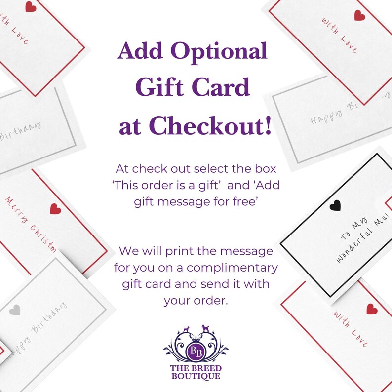 The image is a promotional graphic for a gift card service, featuring a collage of gift cards with handwritten messages. The text encourages customers to add an additional gift message to their order, and provides instructions on how to do so.