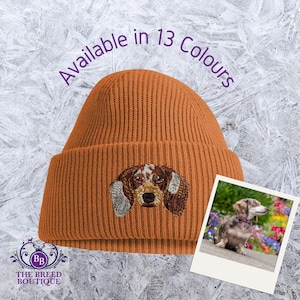 Embroidered Dapple Dachshund Beanie: Long-Haired Sausage Dog Winter Hat, Unisex with Gift Box